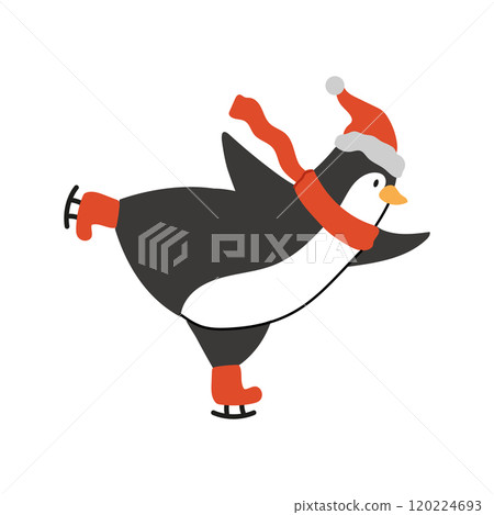 An illustration of a cute penguin ice skating. Adorable Christmas animal wearing red hat and scarf. Figure skating class. 120224693