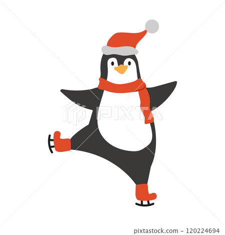 An illustration of a cute penguin wearing a red hat and scarf ice skating. Adorable Christmas animal. An illustration of a cute penguin wearing a red hat and scarf ice skating. Adorable Christmas animal. 120224694
