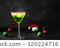 Xmas Grinch Punch in glass decorated sugar rim on black table make of cool lime sherbet. Tasty drink for Christmas holiday. Rim your festive beverages in red sugar. Close up. Copy space 120224716