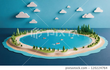 A papercraft island with a lagoon and small boats, set against a blue sky with white clouds 120224764