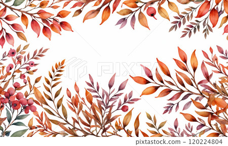 A watercolor painting of fall leaves and berries arranged in a border around a blank space 120224804