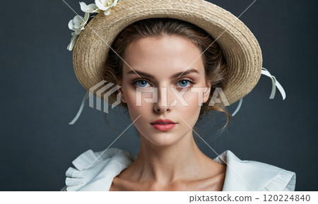 A young woman with fair skin and blonde hair wears a wide-brimmed straw hat with white flowers and ribbons 120224840