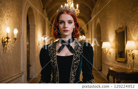 A woman in a black velvet dress and a jeweled crown walks down a hallway in a grand estate 120224952