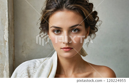 A woman with dark hair and a white sweater looks directly at the camera 120224955