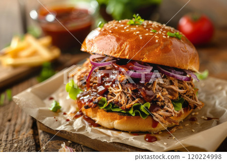 Pulled pork burger with homemade bbq sauce on a wooden board. 120224998