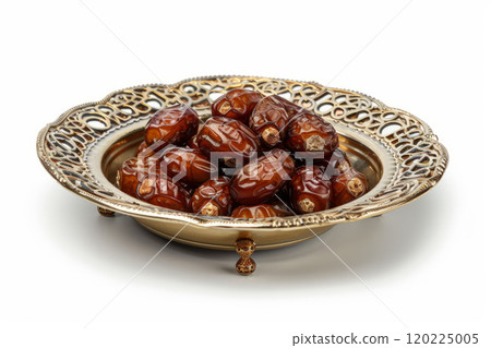Bowl with dried dates on white background. Dates for Ramadan. 120225005