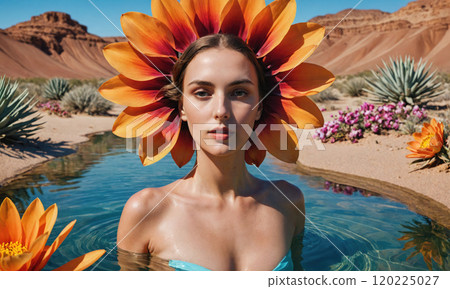 A woman with a large orange flower on her head, submerged in a blue pool, with desert landscape in the background 120225027