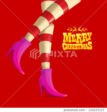 vector merry christmas greeting card with cartoon elf girls legs and greeting calligraphic text Merry christmas isolated on red. Vector merry christmas background with elf girl 120225121