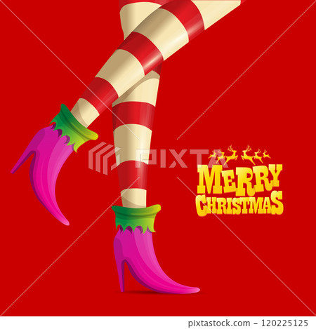 vector merry christmas greeting card with cartoon elf girls legs and greeting calligraphic text Merry christmas isolated on red. Vector merry christmas background with elf girl 120225125
