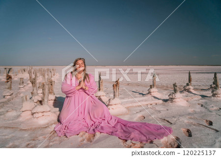 Woman Pink Dress Salt Lake Meditation Pose Scenic Landscape Nature Photography 120225137