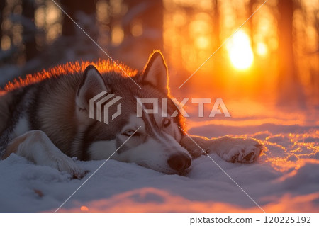 A dog lies on the snow in a winter forest, illuminated by a sunset A dog lies on the snow in a winter forest, illuminated by a sunset 120225192