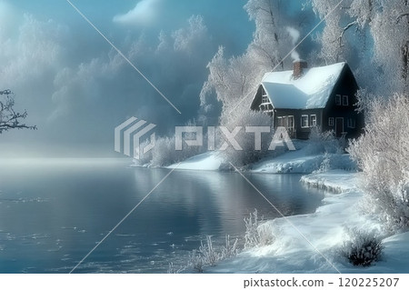 Beautiful winter nature, snow landscape at dawn 120225207