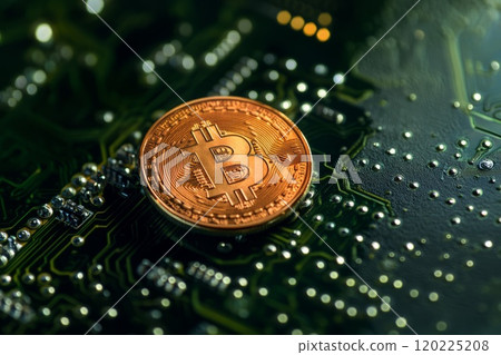 Bitcoin coin with new lighting on a high-tech background Bitcoin coin with new lighting on a high-tech background 120225208