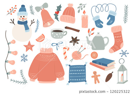 Set of hand drawn winter elements with sweaters, mittens, hot drinks, a snowman, holiday decor, and seasonal items Set of hand drawn winter elements with sweaters, mittens, hot drinks, a snowman, holiday decor, and seasonal items 120225322