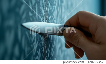 A hand firmly gripping a knife, pressing it against a textured wall, creating tension and focus A hand firmly gripping a knife, pressing it against a textured wall, creating tension and focus 120225357