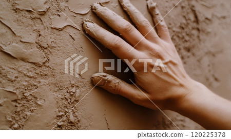 A hand gently pressing against a textured clay wall, capturing the tactile connection with natural materials 120225378