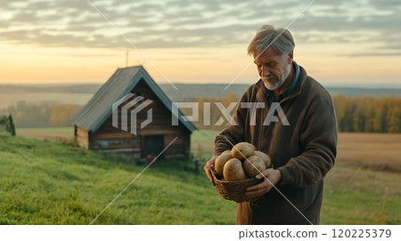 Elderly farmer holding a basket of potatoes against a rustic barn backdrop during a serene sunset in the countryside 120225379
