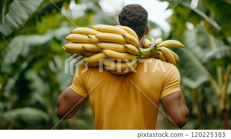 Muscular man carrying bunches of bananas over his shoulder in a vibrant plantation, illustrating hard work and agriculture 120225383