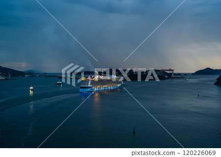 Cruise ship departing from Nagasaki Port (Spectrum of the Seas) Evening view from Megami Ohashi Bridge [Nagasaki City] 120226069