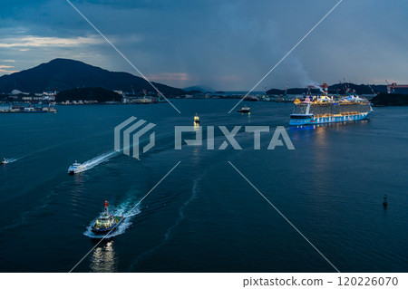 Cruise ship departing from Nagasaki Port (Spectrum of the Seas) Evening view from Megami Ohashi Bridge [Nagasaki City] 120226070