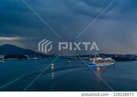 Cruise ship departing from Nagasaki Port (Spectrum of the Seas) Evening view from Megami Ohashi Bridge [Nagasaki City] 120226073