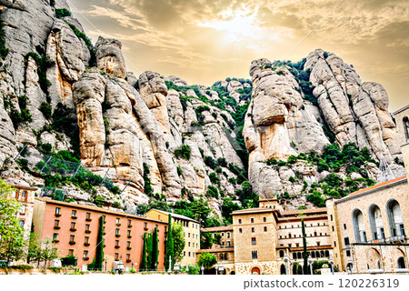 Beautiful views of the Monastery of Santa Maria de Montserrat, abbey located on the Montserrat mountain, in Bages, province of Barcelona,  Spain 120226319