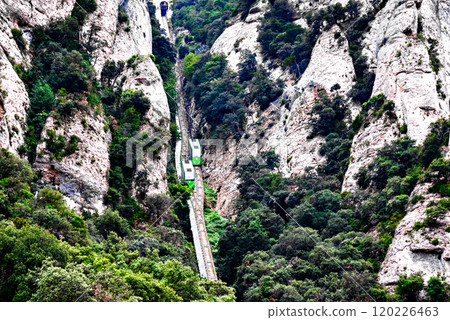 Funicular of Saint Joan de Montserrat, transport to access the Monastery of Santa Maria de Montserrat, abbey located on the mountain of Montserrat, in Bages, province of Barcelona, Spain Funicular of Saint Joan de Montserrat, transport to access the Monastery of Santa Maria de Montserrat, abbey located on the mountain of Montserrat, in Bages, province of Barcelona, Spain 120226463
