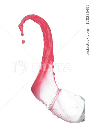 Red tomato strawberry juice pour set water shape form, Red blood wave fall in air. Abstract cloud fly, Red Wine colored splash spill in Air. White background Isolated high speed shutter, freeze motion 120226495