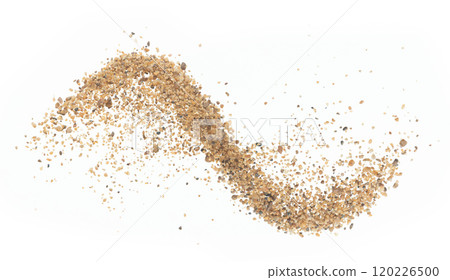 Big size Sand flying explosion, Golden grain wave explode. Abstract cloud fly. Yellow colored sand splash throwing in Air. White background Isolated high speed shutter, throwing freeze stop motion 120226500