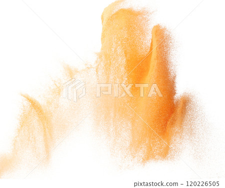 Small size orange Sand flying explosion, fruit sands grain wave explode. Abstract cloud fly. Orange colored sand splash throwing in Air. White background Isolated high speed shutter, throwing freeze Small size orange Sand flying explosion, fruit sands grain wave explode. Abstract cloud fly. Orange colored sand splash throwing in Air. White background Isolated high speed shutter, throwing freeze 120226505