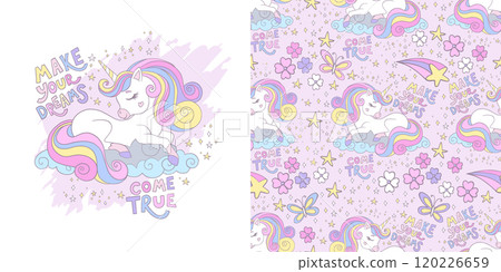 Cute dreaming unicorn illustration card and seamless pattern Cute dreaming unicorn illustration card and seamless pattern 120226659