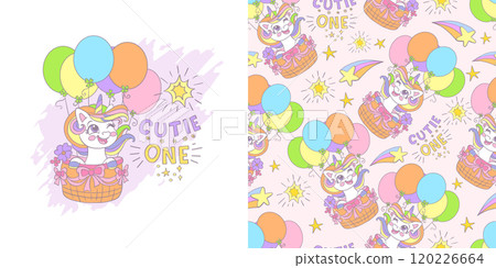 Cute unicorn flying in balloons card and seamless pattern 120226664