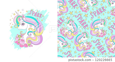Cute unicorn with flowers illustration card and seamless pattern 120226665