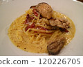 Carbonara topped with large mushrooms 120226705