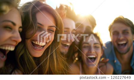 Friends enjoying a joyful sunset gathering on the beach, sharing laughter and creating lasting memories together 120227649