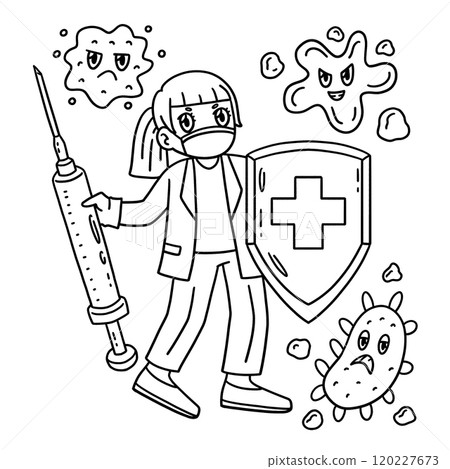 Female Doctor Holding Shield and Syringe Isolated 120227673