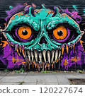 a graffiti of a toothy Halloween monster on a brick wall 120227674