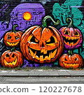 Halloween pumpkin graffiti on a brick wall 120227678