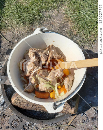 wooden spoon waving in a cauldron dish of meat and bones 120227765