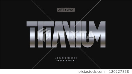 Titan metal alphabet, high cropped letters, techno futuristic font for iron modern logo, emphasis headline, contemporary typography, modern typographic design. Vector typeset Titan metal alphabet, high cropped letters, techno futuristic font for iron modern logo, emphasis headline, contemporary typography, modern typographic design. Vector typeset 120227828