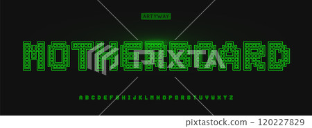 Green pixelated alphabet, cybernetic letters, Y2K retro font for digital modern logo, emphasis headline, contemporary typography, circuirity typographic design. Vector typeset. 120227829