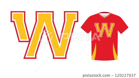 Bold yellow letter W with red outline, varsity sports emblem design on red athletic jersey. Ideal for sports team logos, college branding, athletic apparel. Vector illustration 120227837