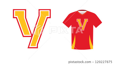Bold yellow letter V with red outline, varsity sports emblem design on red athletic jersey. Ideal for sports team logos, college branding, athletic apparel. Vector illustration 120227875