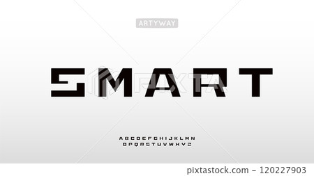 Squared futuristic typeface, minimal geometric letters, cyber modern font for tech headline, digital innovation branding, gaming logotype, spacetech typographic design. Vector typeset. 120227903