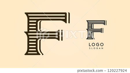 Vintage western letter F, country stylish old lettermark for retro bar logo, BBQ cafe, tattoo salon, saloon plaque, alcohol label. Vector illustration Vintage western letter F, country stylish old lettermark for retro bar logo, BBQ cafe, tattoo salon, saloon plaque, alcohol label. Vector illustration 120227924