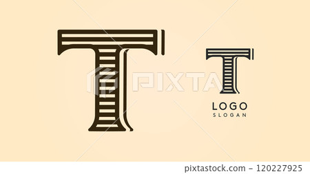 Vintage western letter T, country stylish old lettermark for retro bar logo, BBQ cafe, tattoo salon, saloon plaque, alcohol label. Vector illustration Vintage western letter T, country stylish old lettermark for retro bar logo, BBQ cafe, tattoo salon, saloon plaque, alcohol label. Vector illustration 120227925