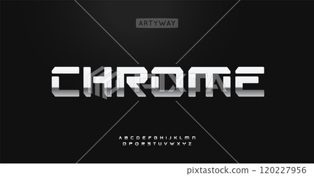 Chrome alphabet, bold geometric letters with bevel, sleek polished alphabet for tech industrial branding, machinery logo, boldness chromium headline. Vector typeset. 120227956