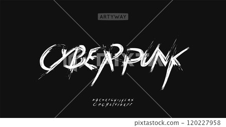 Cyberpunk graffiti alphabet, chaotic brush typeface, edgy wild lettering, expressive urban typography for rebellious punk logo, street intense style headline. Vector typeset. 120227958