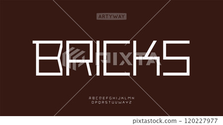 Geometric minimalist alphabet, simple squared letter, linear modular font for tech industrial logo, kid toys branding, contemporary identity. Vector typeset. 120227977