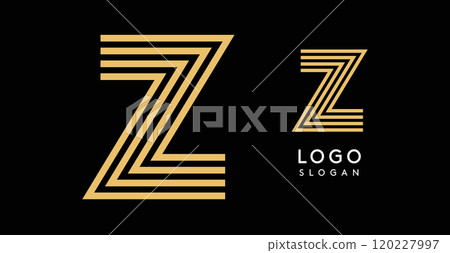 Geometric golden letter Z with concentric lines on black background. Sleek sophisticated logo design. Luxury, modernity, elegance logotype for premium branding, corporate identity.Vector illustration. 120227997